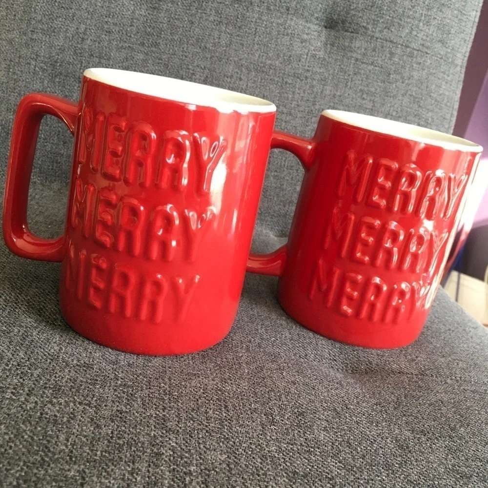 Set/2 “MERRY MERRY MERRY” Coffee Mugs, Red, White, 16 oz